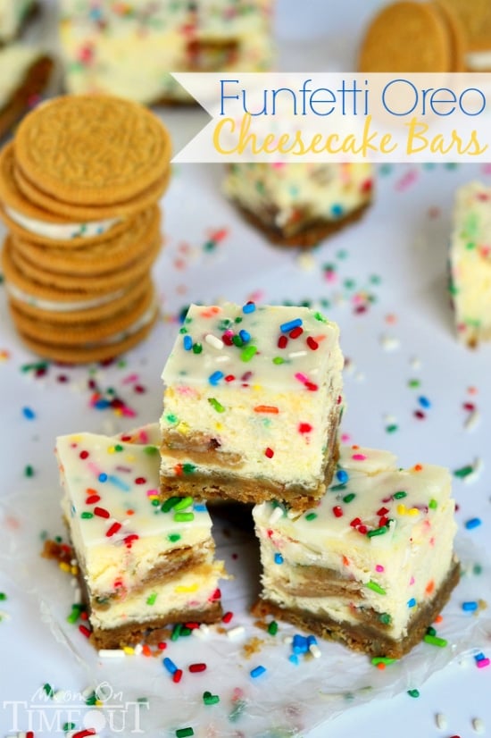 These Funfetti Oreo Cheesecake Bars prove that cheesecake CAN be fun! | MomOnTimeout.com #CookUpCozy #spon