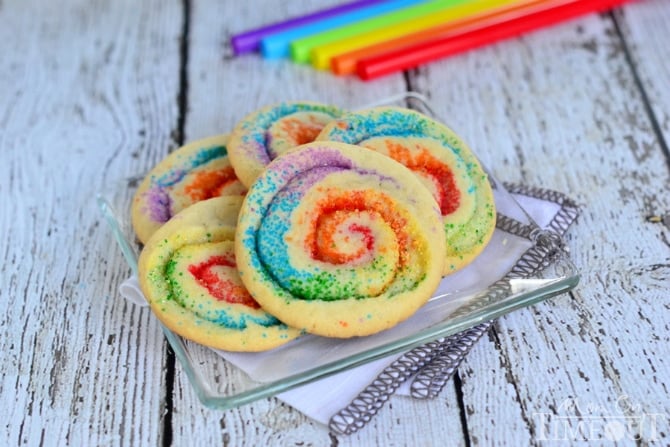 These gorgeous Rainbow Pinwheel Cookies are super easy to make and are so much fun! | MomOnTimeout.com