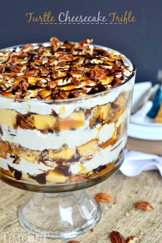 Turtle Cheesecake Trifle - Layers of caramel, chocolate, pecans, no bake cheesecake, and pound cake! | MomOnTime.com #PoundCakeDay