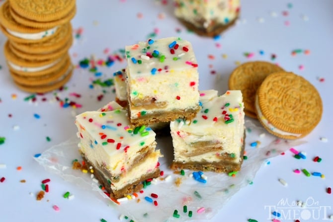 These Funfetti Oreo Cheesecake Bars prove that cheesecake CAN be fun! | MomOnTimeout.com #CookUpCozy #spon