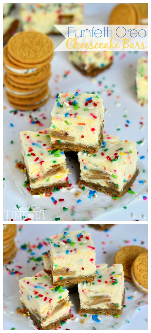 These Funfetti Oreo Cheesecake Bars prove that cheesecake CAN be fun! | MomOnTimeout.com #CookUpCozy #spon