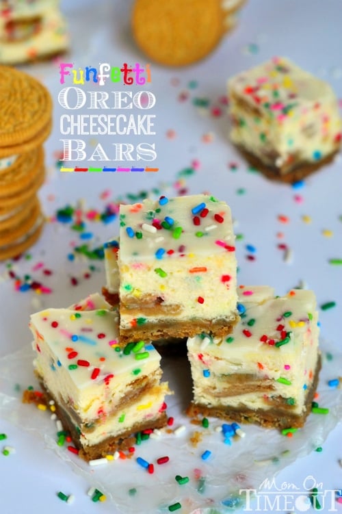These Funfetti Oreo Cheesecake Bars prove that cheesecake CAN be fun! | MomOnTimeout.com #CookUpCozy #spon