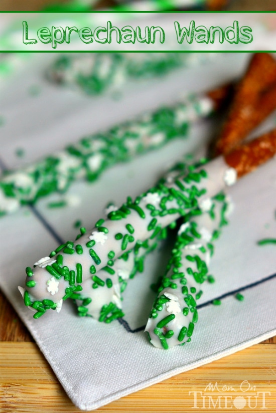Fun and easy, these Leprechaun Pretzel Wands take just minutes to make and are perfectly scrumptious! | MomOnTimeout.com