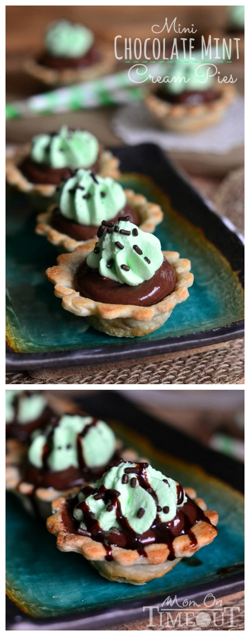 Mini Chocolate Mint Cream Pies | MomOnTimeout.com Mini pie shells filled with chocolate cream and mint!