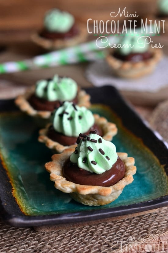 Mini Chocolate Mint Cream Pies | MomOnTimeout.com Mini pie shells filled with chocolate cream and mint!