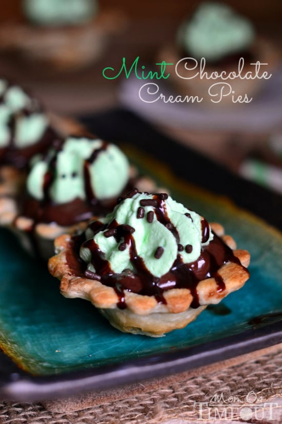 Mini Chocolate Mint Cream Pies | MomOnTimeout.com Mini pie shells filled with chocolate cream and mint!