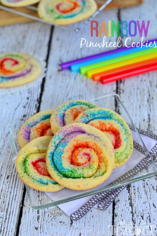 These gorgeous Rainbow Pinwheel Cookies are super easy to make and are so much fun! | MomOnTimeout.com