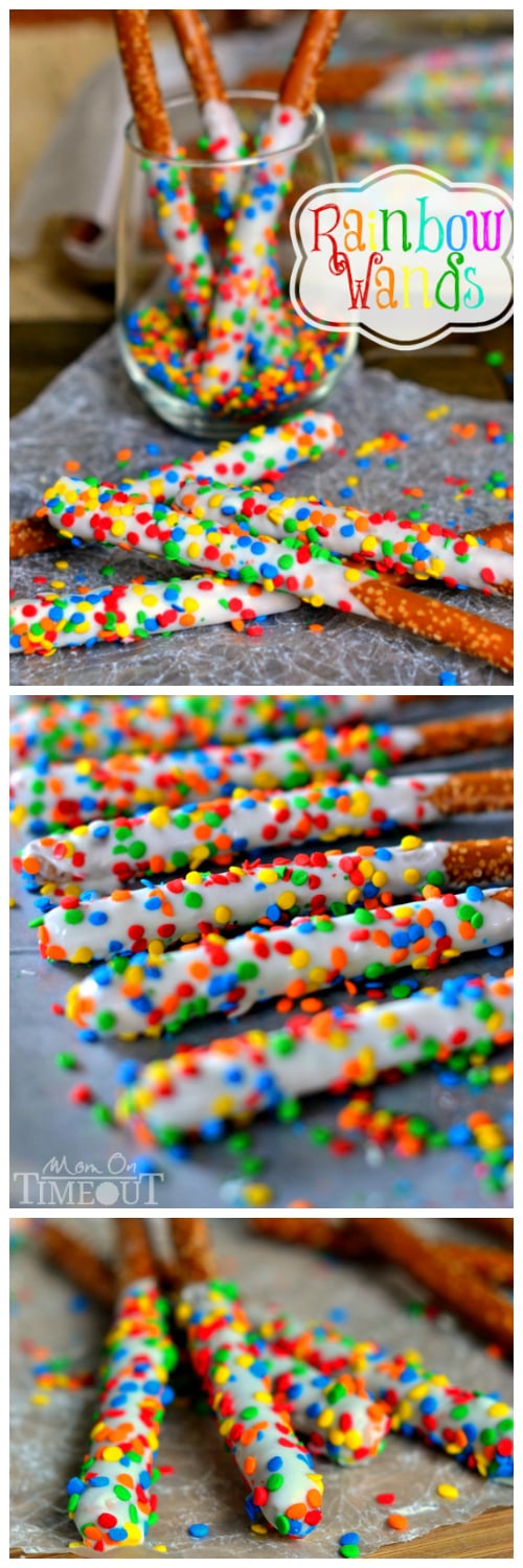 Fun and easy, these Rainbow Pretzel Wands take just minutes to make and are perfectly scrumptious! Perfect for parties, St. Patrick's Day and more! // Mom On Timeout