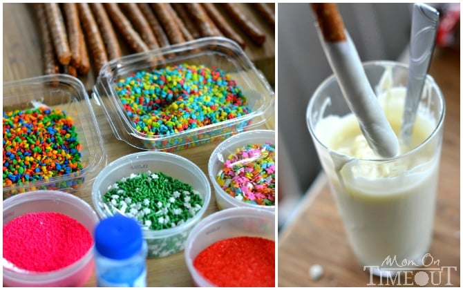 Easy Rainbow Pretzel Wands take just minutes to make and are perfectly scrumptious! | MomOnTimeout.com