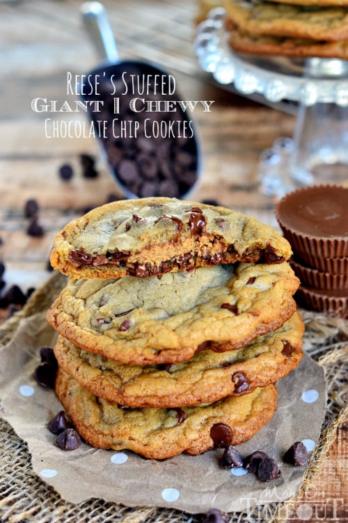 chocolate chip cookies with reeses peanut butter cup in the center