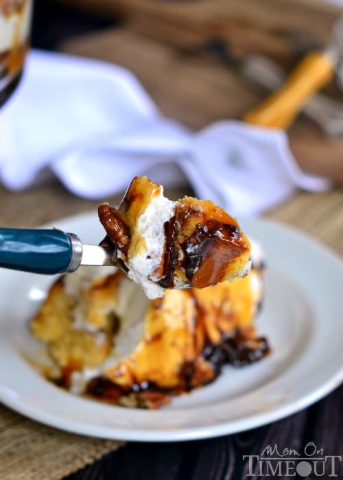 Turtle Cheesecake Trifle - Layers of caramel, chocolate, pecans, no bake cheesecake, and pound cake! | MomOnTime.com #PoundCakeDay