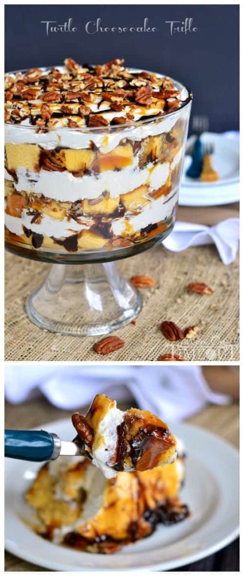 Turtle Cheesecake Trifle - Layers of caramel, chocolate, pecans, no bake cheesecake, and pound cake! 