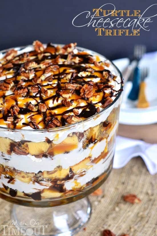 Turtle Cheesecake Trifle - Layers of caramel, chocolate, pecans, no bake cheesecake, and pound cake! | MomOnTime.com #PoundCakeDay