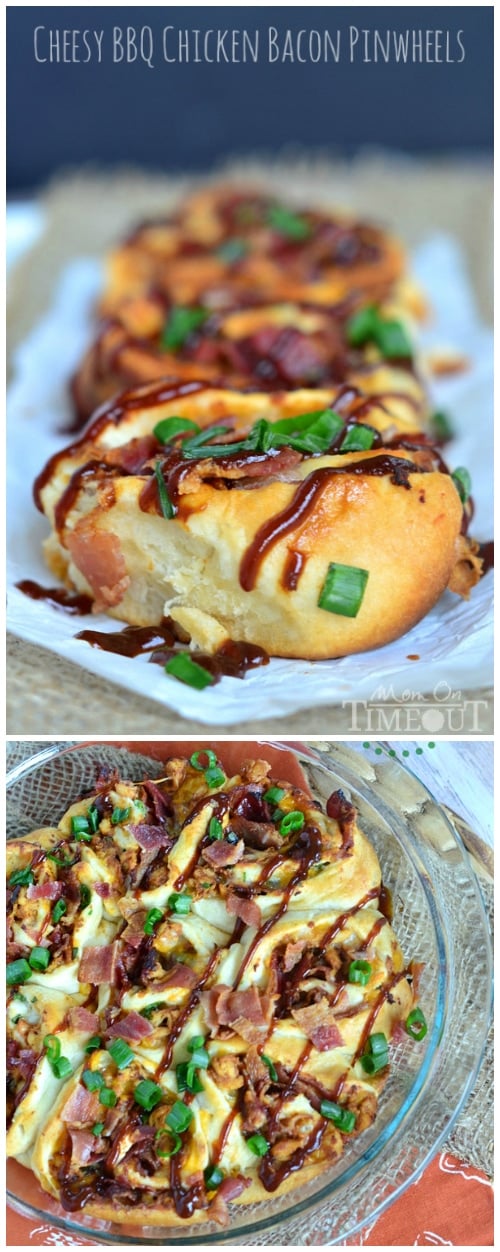 Cheesy BBQ Chicken Bacon Pinwheels make an amazing dinner OR appetizer any night of the week! | MomOnTimeout.com