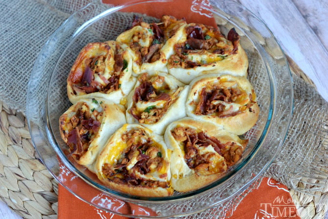 Cheesy BBQ Chicken Bacon Pinwheels make an amazing dinner OR appetizer any night of the week! | MomOnTimeout.com