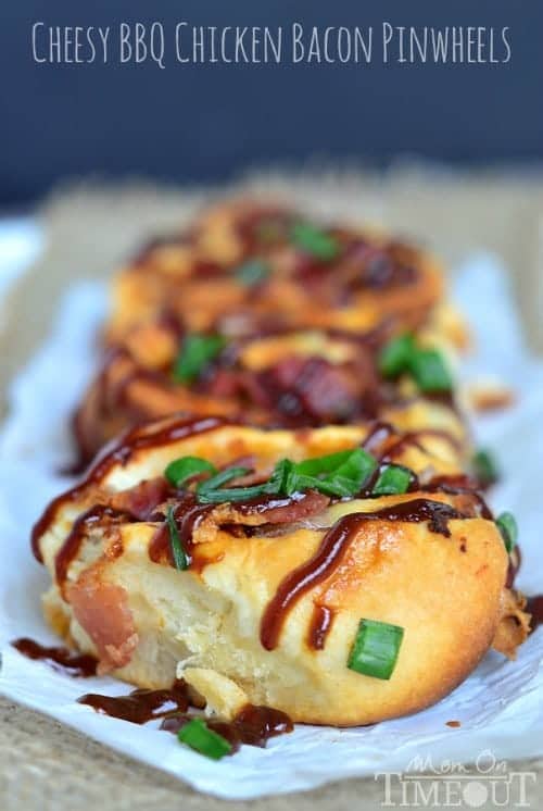 Cheesy BBQ Chicken Bacon Pinwheels make an amazing dinner OR appetizer any night of the week! | MomOnTimeout.com