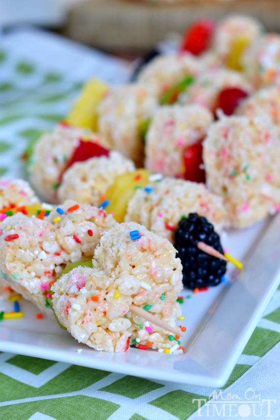 Funfetti Rice Krispies Treats Fruit Kabobs | MomOnTimeout.com #easytomake