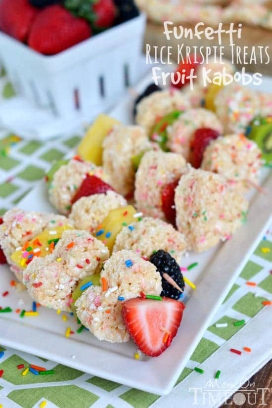 Funfetti Rice Krispies Treats Fruit Kabobs | MomOnTimeout.com #easytomake
