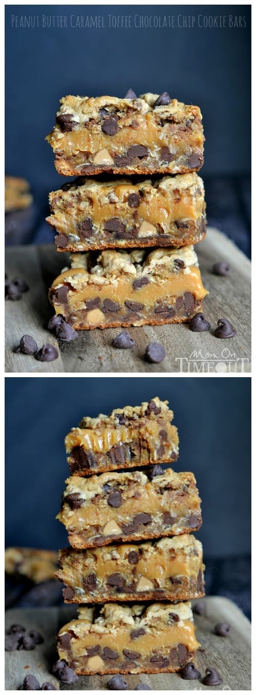 Peanut Butter Caramel Toffee Chocolate Chip Cookie Bars | MomOnTimeout.com Peanut Butter Caramel Toffee Chocolate Chip Cookie Bars - what more could you as for? These cookie bars combine all your favorite flavors into one mouth watering bite that no one will be able to resist. Sure to become a new favorite! | MomOnTimeout.com