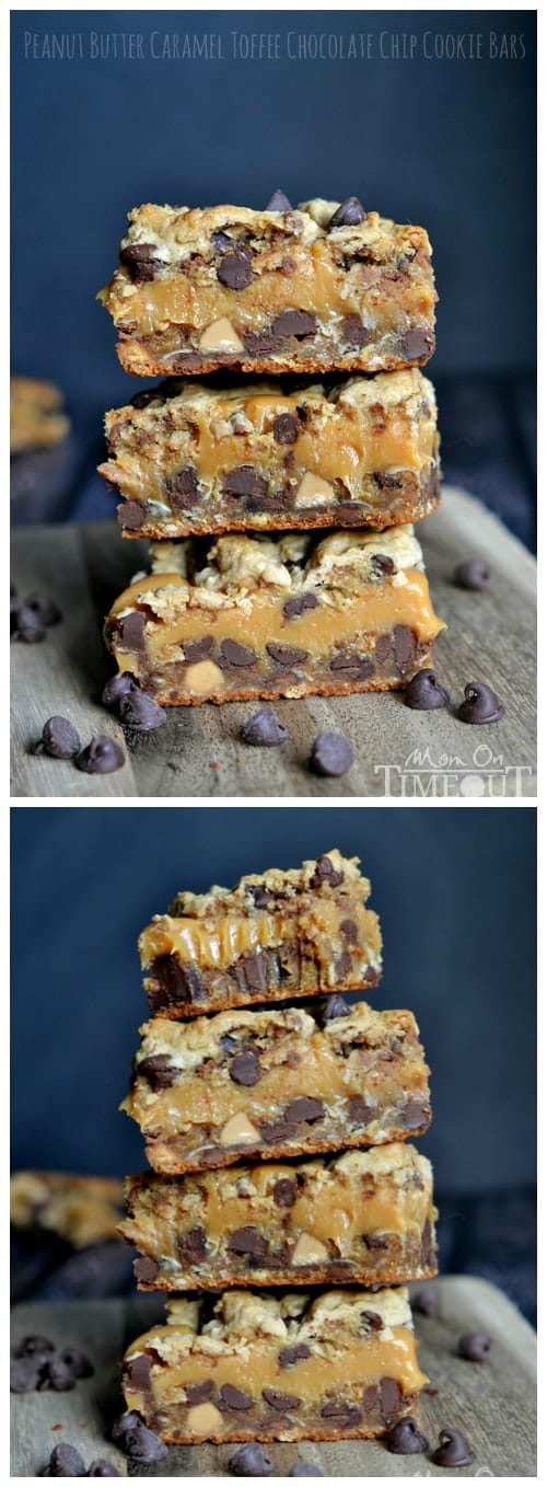 Peanut Butter Caramel Toffee Chocolate Chip Cookie Bars - what more could you as for? These cookie bars combine all your favorite flavors into one mouth watering bite that no one will be able to resist. Sure to become a new favorite! | MomOnTimeout.com