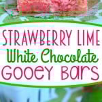 two image collage showing strawberry gooey bars stacked on a green and white napkin. center color block with text overlay.