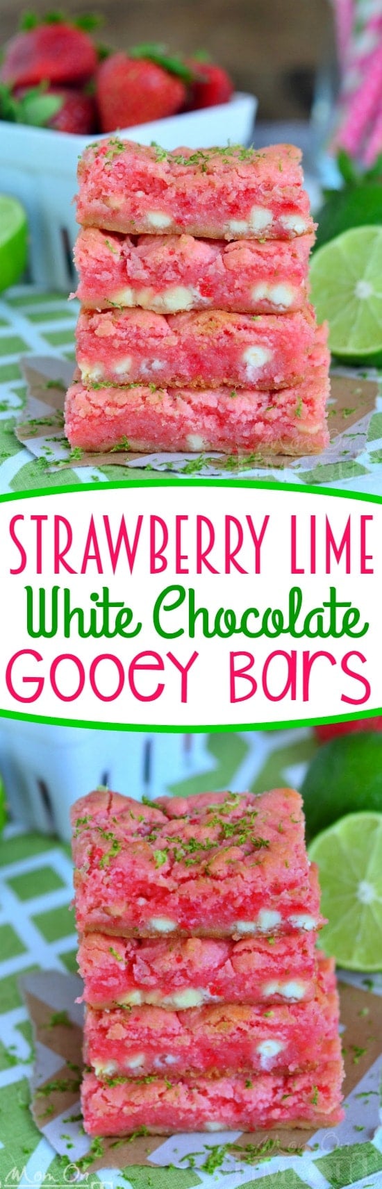 These easy Strawberry Lime White Chocolate Gooey Bars will make the perfect spring or summer time treat! Start with a cake mix and see what happens! Everyone goes crazy for this easy strawberry dessert!