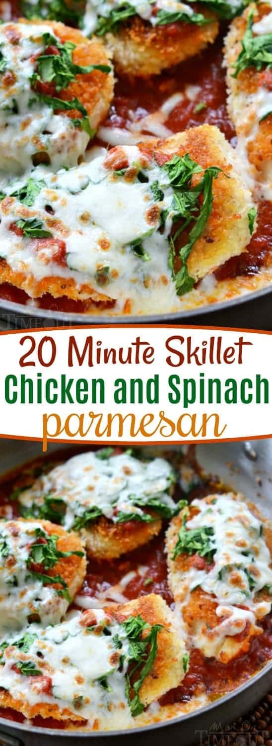 This 20 Minute Skillet Chicken and Spinach Parmesan is the easiest and most delicious dinner EVER! One that the whole family will enjoy! // Mom On Timeout