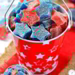 Two image graphic showcasing red and blue star shaped homemade gumdrops in red pail perfect for 4th of July, Memorial Day or Labor Day celebrations.