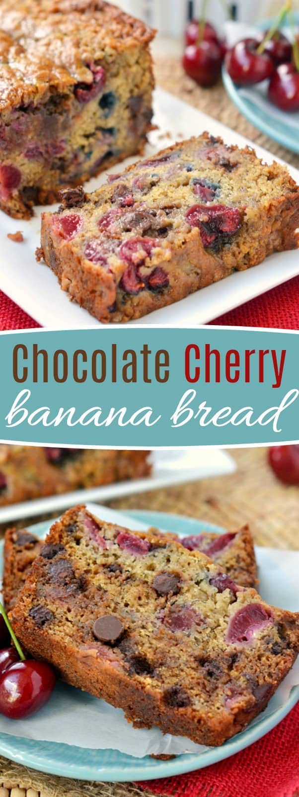 Chocolate Cherry Banana Bread! The chocolate and cherry combination is the perfect complement to this tasty banana bread. Exceptionally moist and tender, you won't be able to stop at just one slice! Prepare to be amazed! // Mom On Timeout #banana #bread #chocolate #cherry #recipe #bananabread #ripebananas #momontimeout