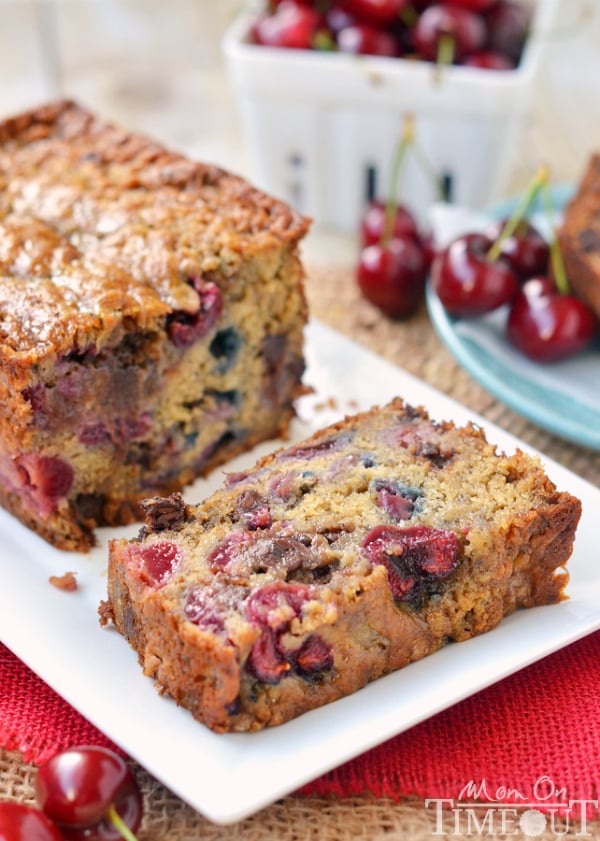 Chocolate Cherry Banana Bread! Exceptionally moist and tender, you won't be able to stop at just one slice! | MomOnTimeout.com