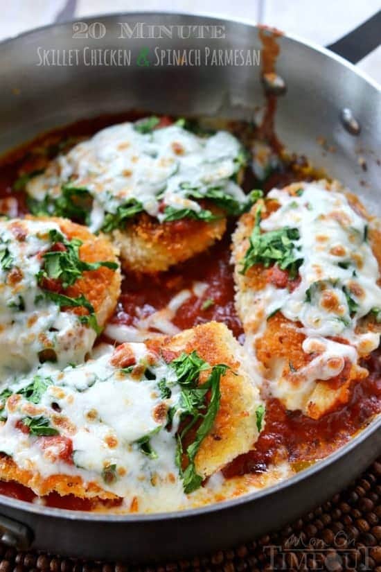 This 20 Minute Skillet Chicken and Spinach Parmesan is the easiest and most delicious dinner EVER! One that the whole family will enjoy! // Mom On Timeout