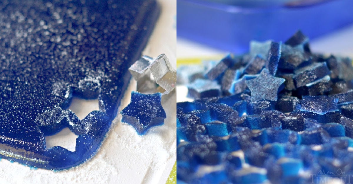 Two image collage showing gumdrops being cut out and rolled in granulated sugar.