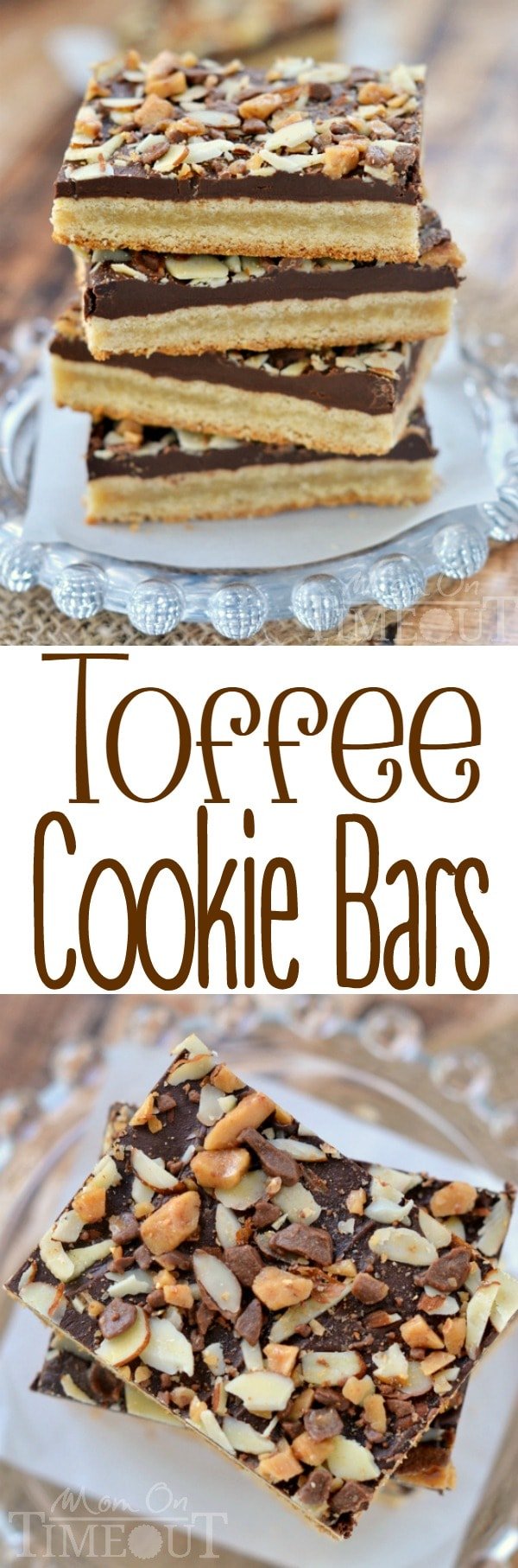 You're going to go crazy for these Toffee Cookie Bars! Simple cookie bars topped with a decadent chocolate layer, almonds and toffee bits - just delicious! | MomOnTimeout.com