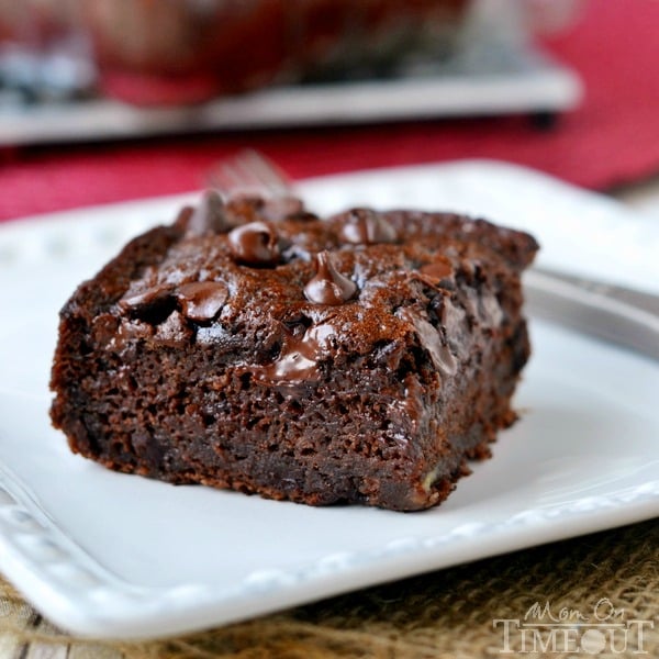 This one-bowl Chocolate Banana Applesauce Cake is made with out oil or butter and is perfect for snacking! | MomOnTimeout.com  Chocolate Banana Applesauce Cake chocolate banana applesauce cake square watermark