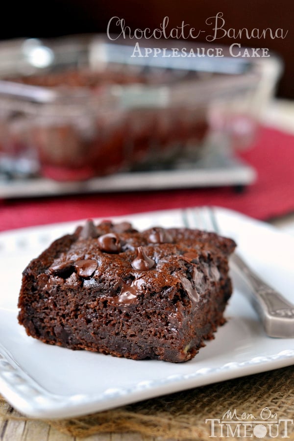This one-bowl Chocolate Banana Applesauce Cake is made without oil, eggs, or butter and is perfect for snacking! Beautifully moist and perfectly decadent, you won't even miss the frosting! // Mom On Timeout