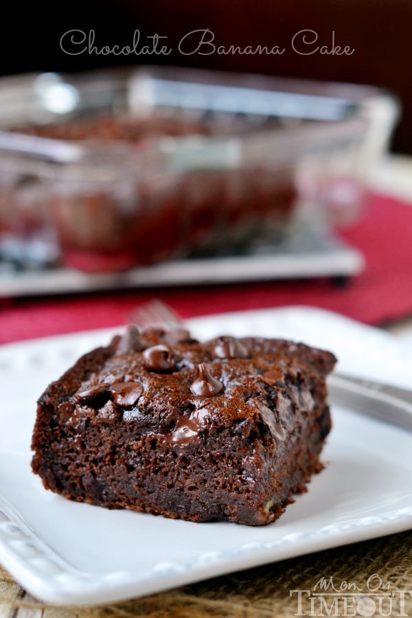 This one-bowl Chocolate Banana Applesauce Cake is made with out oil or butter and is perfect for snacking! | MomOnTimeout.com  Chocolate Banana Applesauce Cake chocolate banana cake recipe