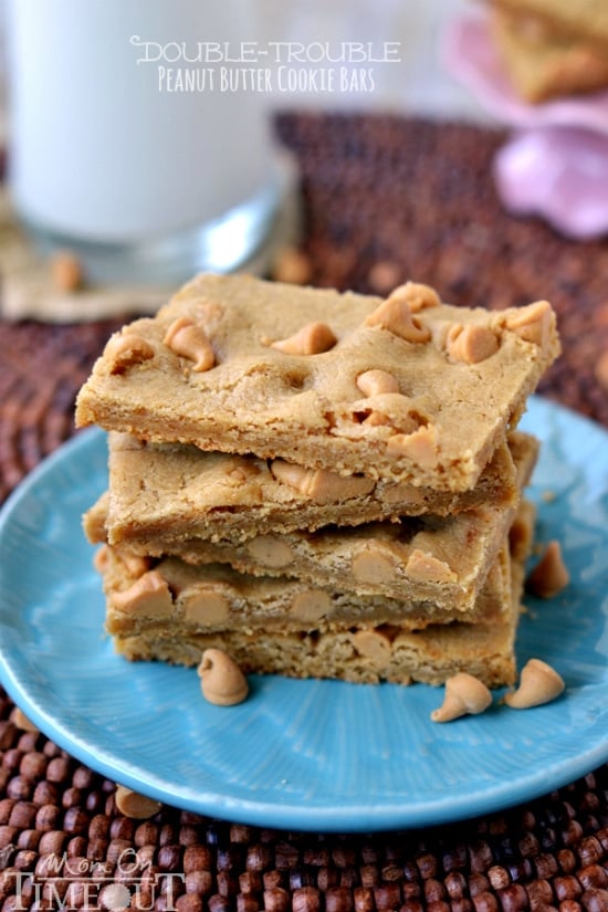 Peanut butter lovers will find it hard to resist these easy-to-make Double Trouble Peanut Butter Cookie Bars! | MomOnTimeout.com