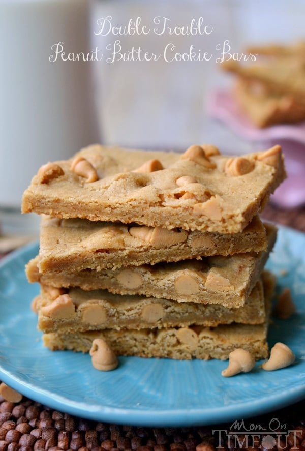 Peanut butter lovers will find it hard to resist these easy-to-make Double Trouble Peanut Butter Cookie Bars! | MomOnTimeout.com