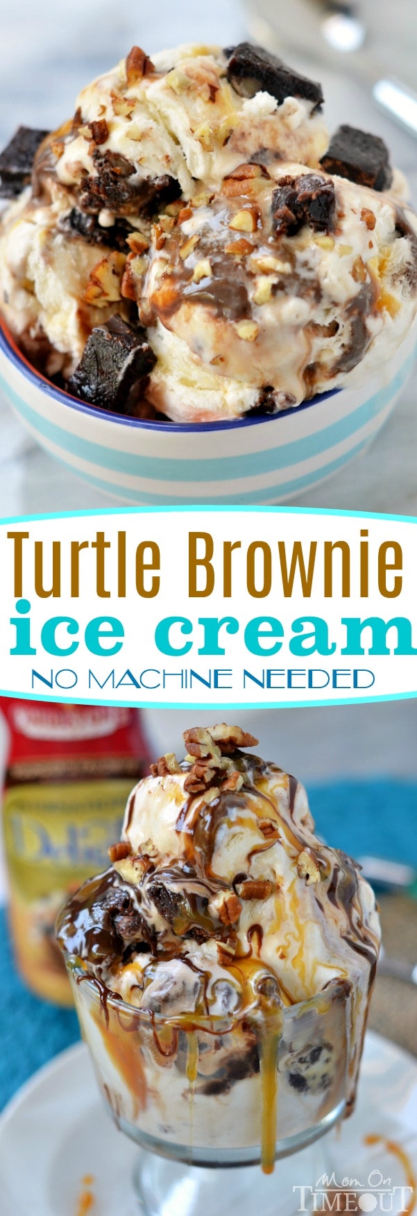 Satisfy those chocolate cravings and beat the heat with this totally decadent Turtle Brownie Ice Cream - no machine needed! // Mom On Timeout