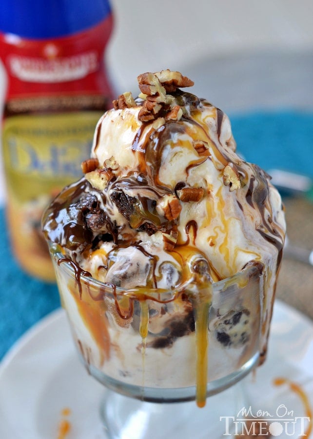 Satisfy your chocolate cravings and beat the heat with totally decadent Turtle Brownie Ice Cream - no machine needed! MomOnTimeout.com #ad