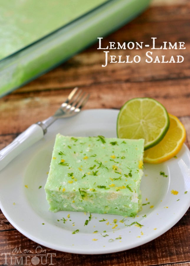 This delicious Lemon Lime Jello Salad is made with cottage cheese and pineapple - sooo good! | MomOnTimeout.com