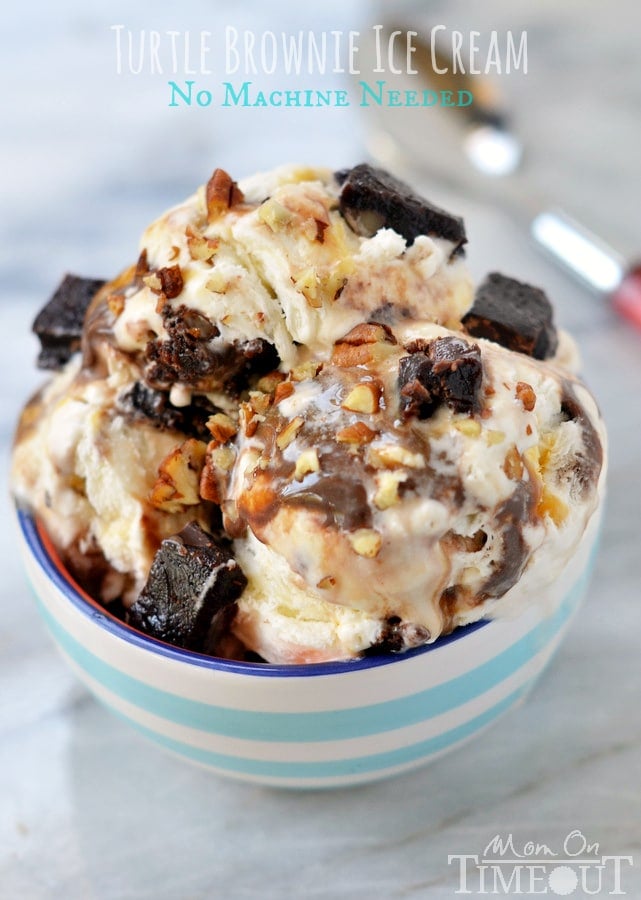 Satisfy your chocolate cravings and beat the heat with totally decadent Turtle Brownie Ice Cream - no machine needed! MomOnTimeout.com