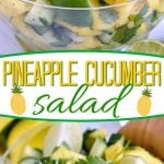 two image collage of pineapple cucumber salad showing top down view and view from the front. center color block with text overlay.