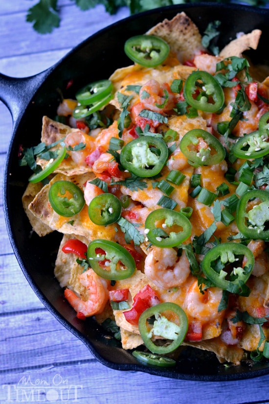 Spicy Blackened Shrimp Skillet Nachos. Nachos for grown-ups in just 7 minutes. | MomOnTimeout.com