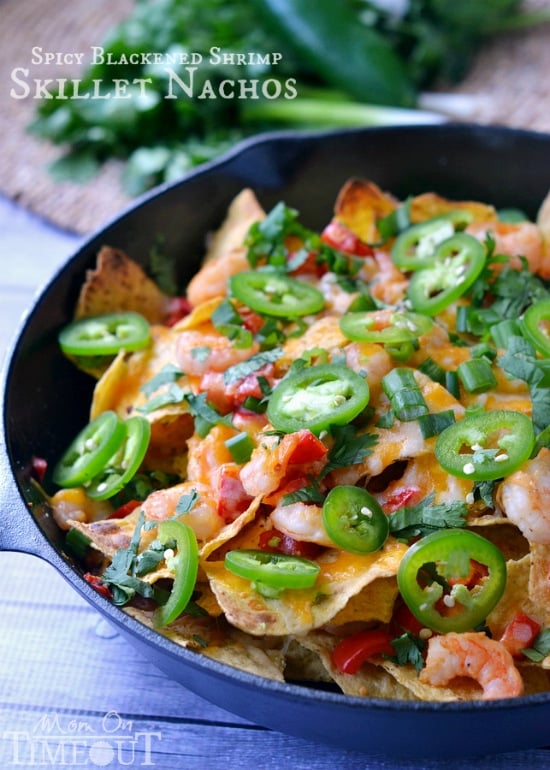 Spicy Blackened Shrimp Skillet Nachos. Nachos for grown-ups in just 7 minutes. | MomOnTimeout.com #ad