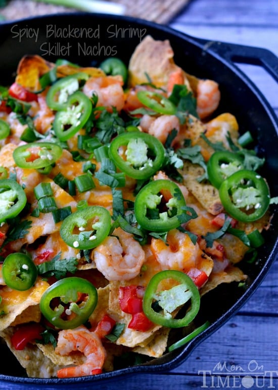 Spicy Blackened Shrimp Skillet Nachos. Nachos for grown-ups in just 7 minutes. | MomOnTimeout.com