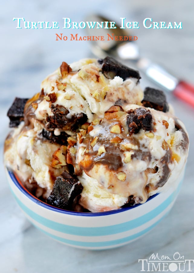 Satisfy your chocolate cravings and beat the heat with totally decadent Turtle Brownie Ice Cream - no machine needed! MomOnTimeout.com #ad