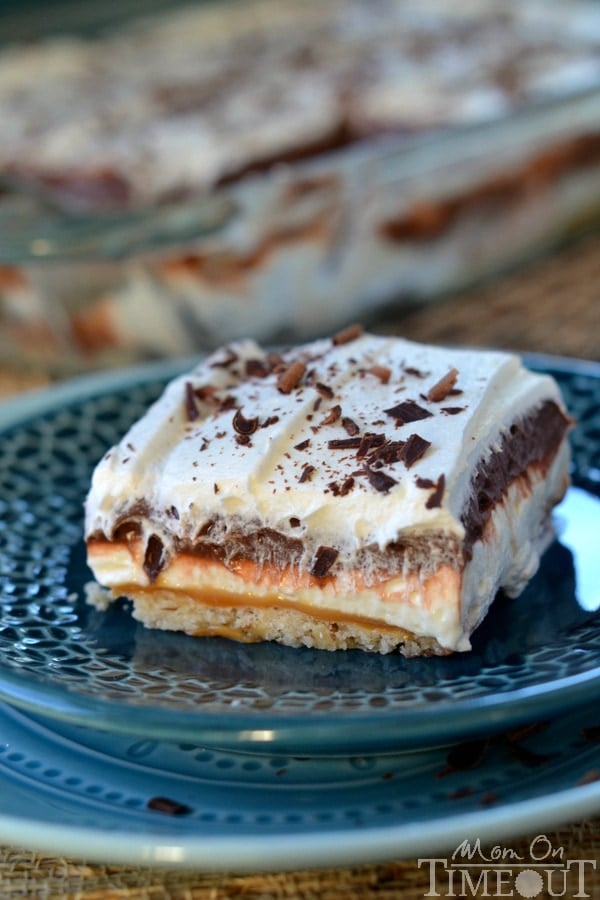 Get ready to impress with this easy-to-make, gorgeous Chocolate Caramel 5-Layer Dessert! | MomOnTimeout.com #dessert #recipe #chocolate #IDelight