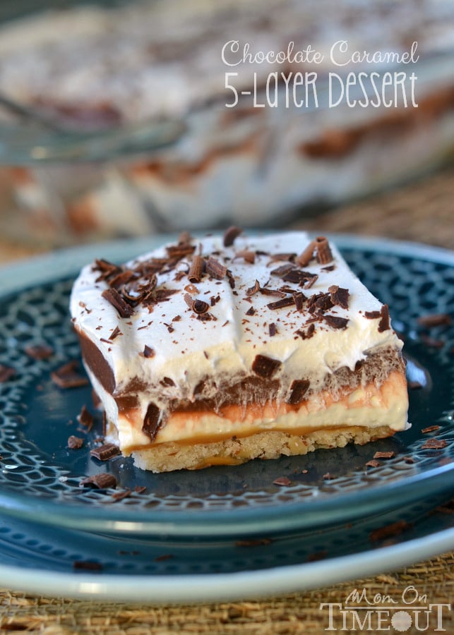 Get ready to impress with this easy-to-make, gorgeous Chocolate Caramel 5-Layer Dessert! | MomOnTimeout.com #dessert #recipe #chocolate #IDelight