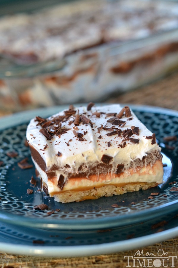 Get ready to impress with this easy-to-make, gorgeous Chocolate Caramel 5-Layer Dessert! | MomOnTimeout.com #dessert #recipe #chocolate #IDelight